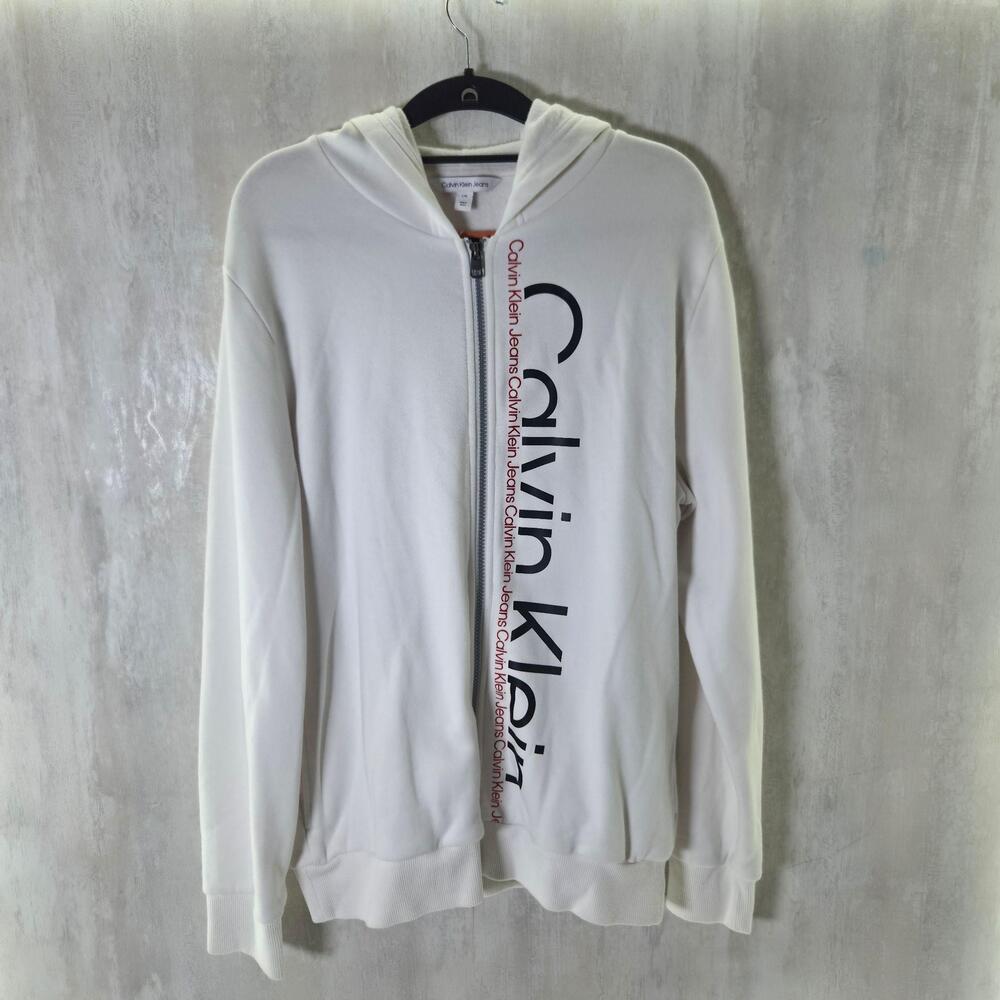 Calvin Klein Jeans Hoodie Mens Large White Full Zip Graphic Fleece Sweatshirt